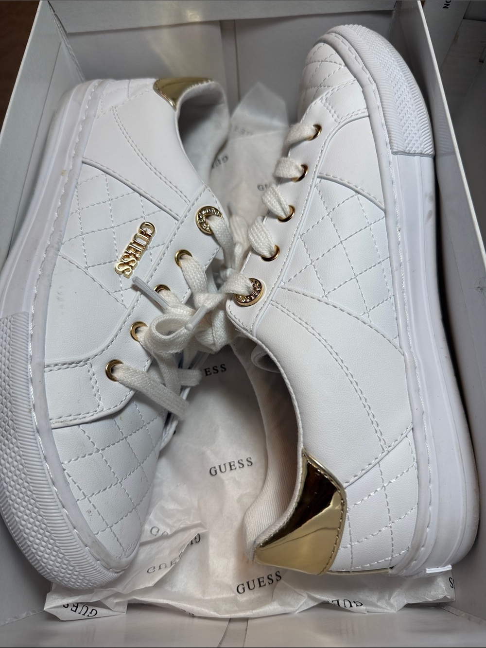 GUESS White Quilted Sneakers with Gold Heel Accent